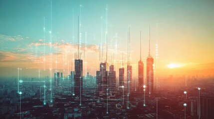 A futuristic urban skyline featuring towering antennas against a bright sky, symbolizing modern technology and digital connectivity