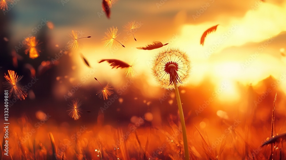 Aufkleber a serene and ethereal scene of delicate dandelion seeds drifting and floating through the warm glowi
