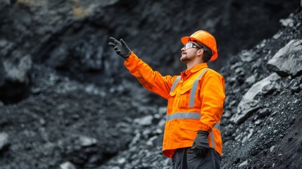Pointing Coal Mine Worker in Hard Hat and Safety Gear Inspecting Site