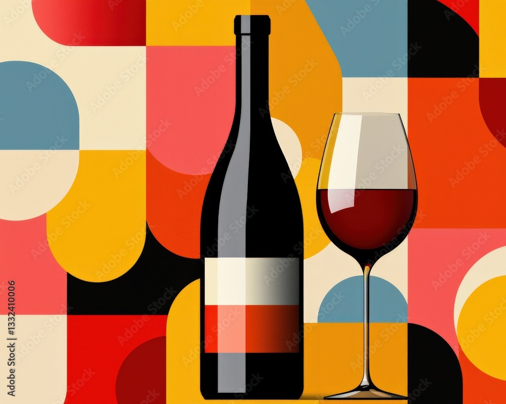Poster a futuristic wine label design with geometric patterns and bold colors.