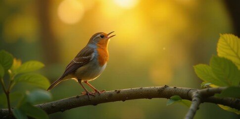 Obraz premium Golden light bathes robin singing its dawn song in treetop , picture, golden hour, bird