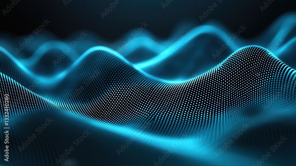 Poster a futuristic digital landscape composed of a dynamic network of smooth flowing lines and waves in sh