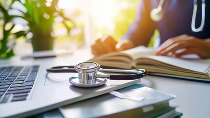 Stethoscope Resting on Laptop While Doctor Studies Medical Textbook in Office