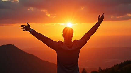 Fototapeta premium Empowerment in Nature: Flat Man Silhouette with Raised Arms Against a Stunning Sunset Sky - A Vibrant Vector Illustration of Freedom and Scenic Landscape