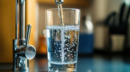 A glass of pure water next to a kitchen faucet, emphasizing hydration, freshness, and clean drinking water © Sirinya