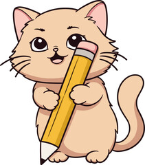 Cute Cartoon Cat Holding a Pencil