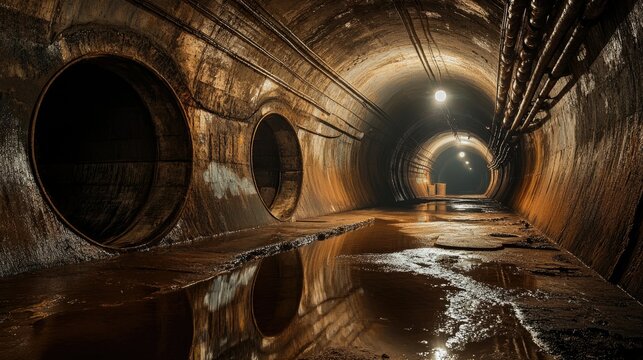 A gloomy underground sewer system with large circular pipes, a muddy floor reflecting dim lamp light, creating an eerie and industrial atmosphere