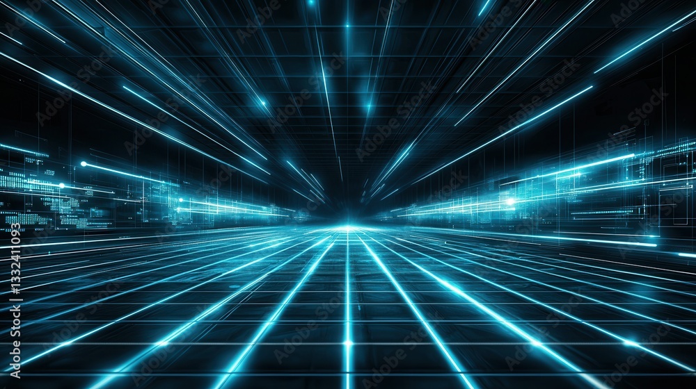Poster futuristic digital network with glowing blue lines and geometric patterns creating a high tech virtu