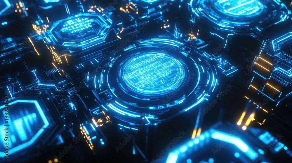 Poster a glowing, high-tech interface of blue hexagons and circuit patterns, blending abstract design with 