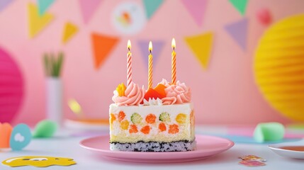 Bento cake with zero candles on a birthday banner background.