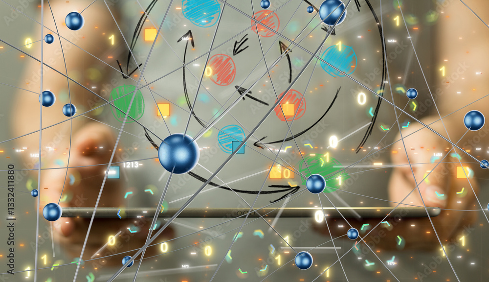 Poster Global network. Blockchain. 3D illustration. Neural networks and artificial intelligence. Abstract