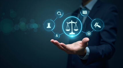 Hand Interacting with Holographic Law Interface: Exploring Justice, Legal Services, and Business Legislation in a Futuristic Concept with Empty Space for Online Legal Advice