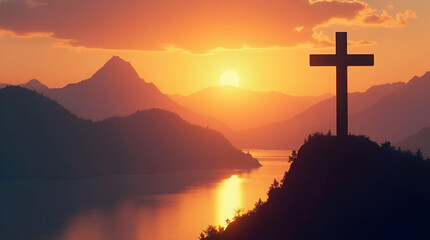 Serene Cross Silhouette at Sunset: A Symbol of Faith and Tranquility