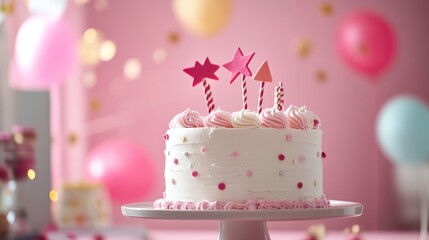 Birthday cake with festive cake topper on pink backdrop