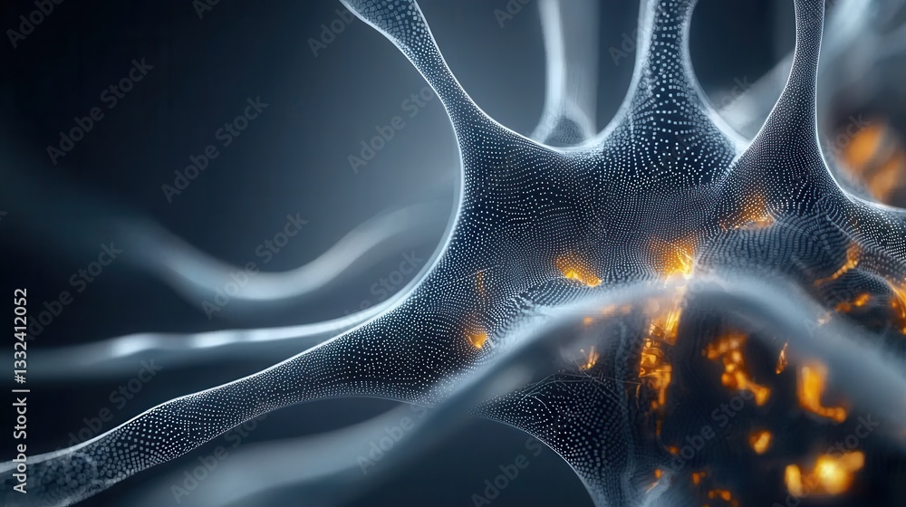Poster a dark futuristic image depicting an intricate neural network with glowing interconnected energy flo