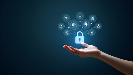 Hand holding holographic scam alert device with fraud phishing malware icons representing online threats and data protection in empty space concept as Hand holds holographic scam alert device displayi
