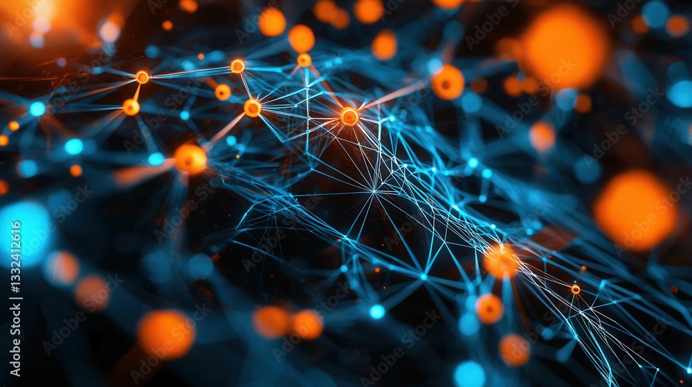 Poster a captivating abstract visualization of a futuristic digital network system featuring a complex grid