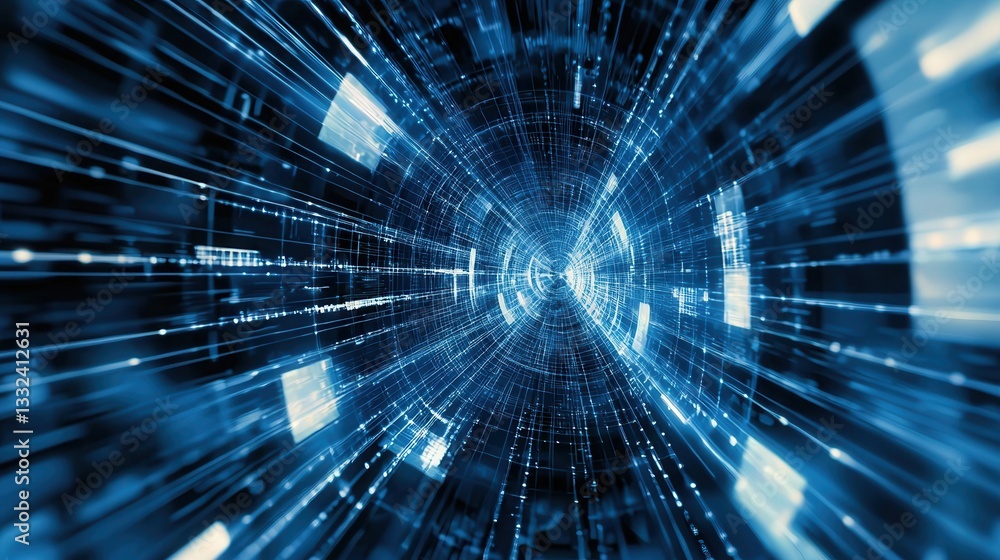 Poster a dynamic high speed digital tunnel composed of a futuristic blue grid and luminous data connections