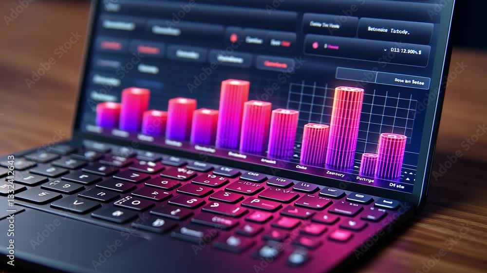 Poster analyzing data trends on a modern laptop with vibrant graphs during a late evening session