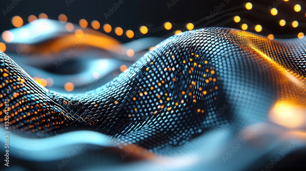 Poster intricate interconnected dark blue grid structure with glowing luminous nodes and lines creating a f