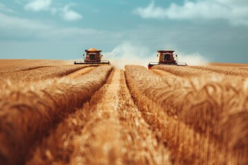 Ultra Quality Image of Two Combines Working on a Wheat Field