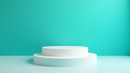 Flat White cylindrical podium with two levels used for displaying products set against a blue green wall background. concept as White cylindrical podium with two levels used for displaying products se