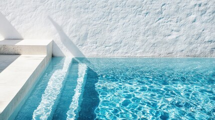 Blue water ripples by the poolside with a white cement wall backdrop, showcasing products with space for text design.