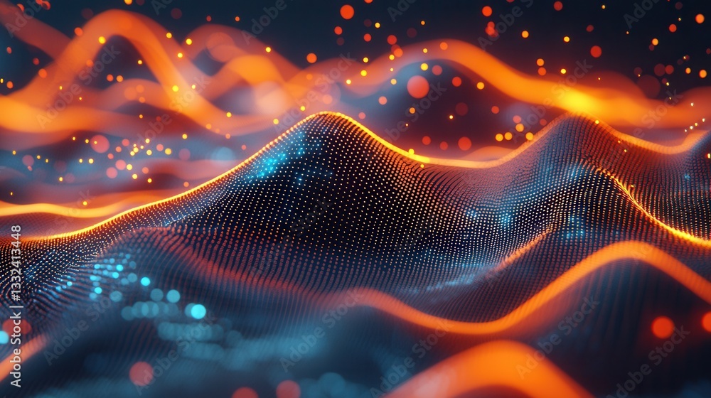 Poster an abstract visualization depicting dynamic luminous waves of data energy flowing across a futuristi