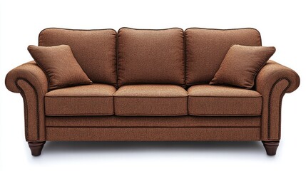 Brown fabric sofa with three seats on white background