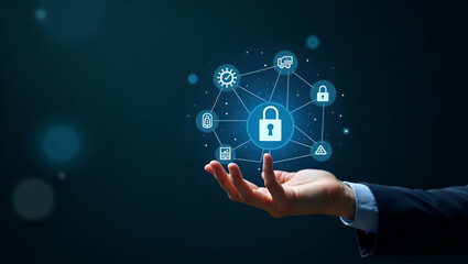 Hand Holding Holographic AI Interface with Data Processing & Security Icons in Empty Space - Stock Photo Concept