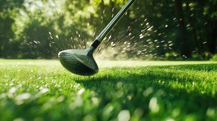A golfer iron club striking a ball on a lush green course, with motion blur capturing the impact