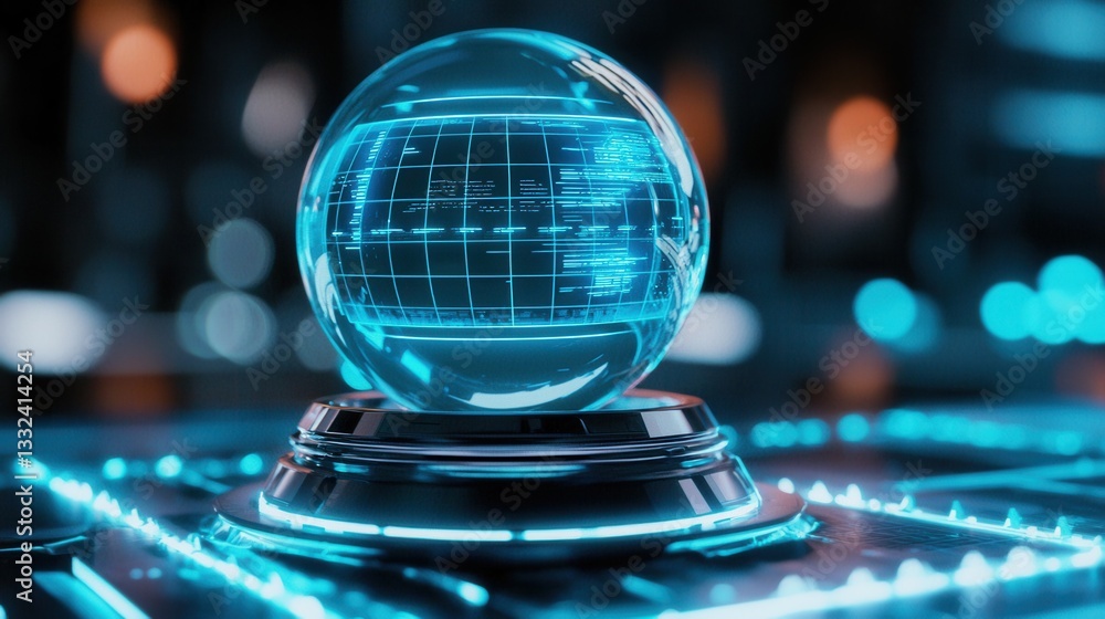 Aufkleber detailed 3d art depicting a translucent glowing blue sphere with a futuristic technological wirefram