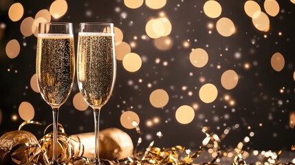 Champagne, glasses, and streamers against blurry lights on black background