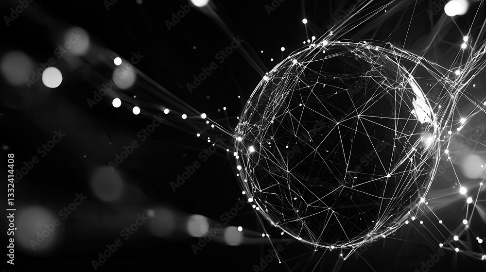 Poster a conceptual image depicting a complex futuristic wireframe sphere with an interconnected digital gr