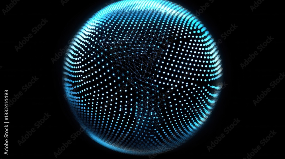 Poster a detailed abstract digital rendering of a glowing blue wireframe sphere composed of an intricate gr