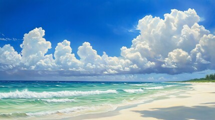 Obraz premium Serene Beach Scene with Turquoise Water and Fluffy Clouds Above