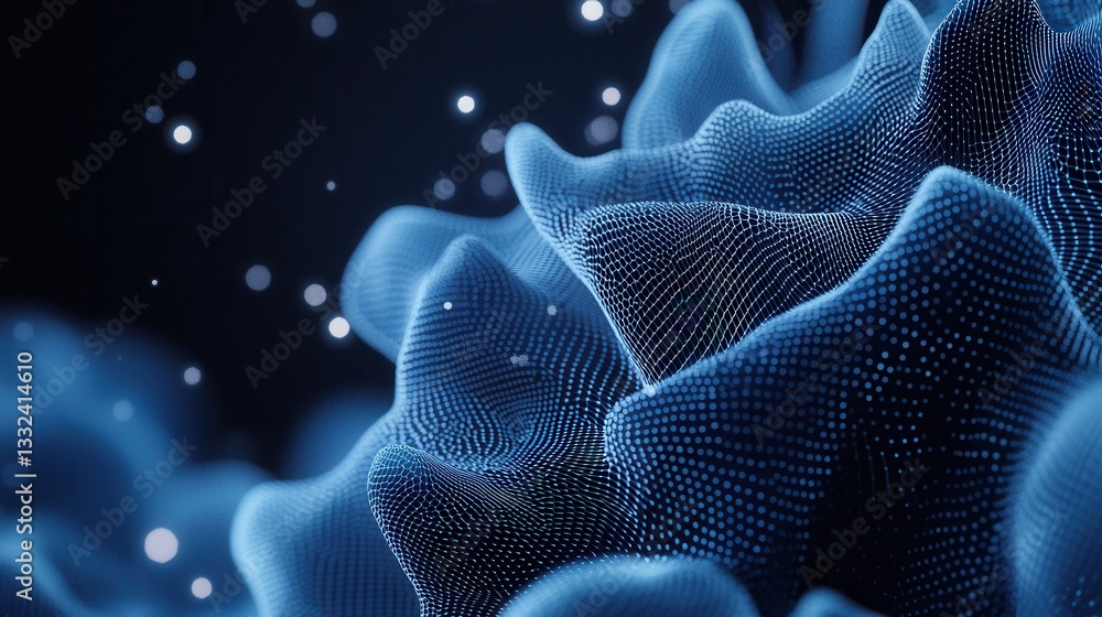 Poster glowing interconnected wireframe sphere composed of intricate digital particles suspended in a futur