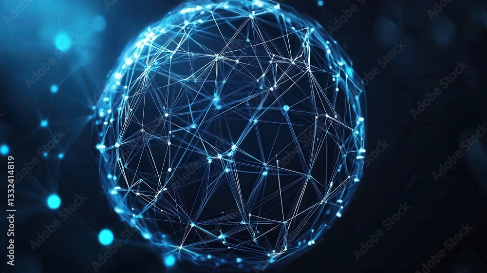 Poster detailed of a 3d blue wireframe sphere representing a complex interconnected digital network with gl