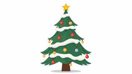 Charming Flat Vector Illustration of a Christmas Tree Adorned with Lightbulbs, Stars, and Colorful Balls, Set Against a White Background � Perfect for Holiday Designs and Festive Themes