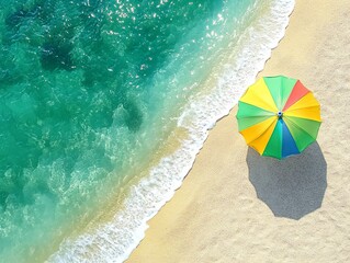 Obraz premium Colorful Beach Umbrella Overlooking Crystal Clear Seaside Waves