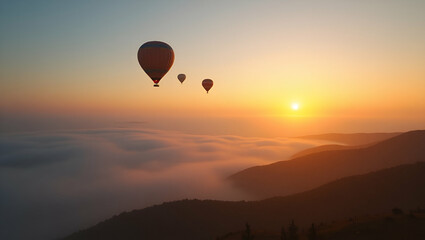 Naklejka premium Epic Hot Air Balloon Flight at Sunrise: Aerial Views of Foggy Mountains & Freedom Adventure Branding