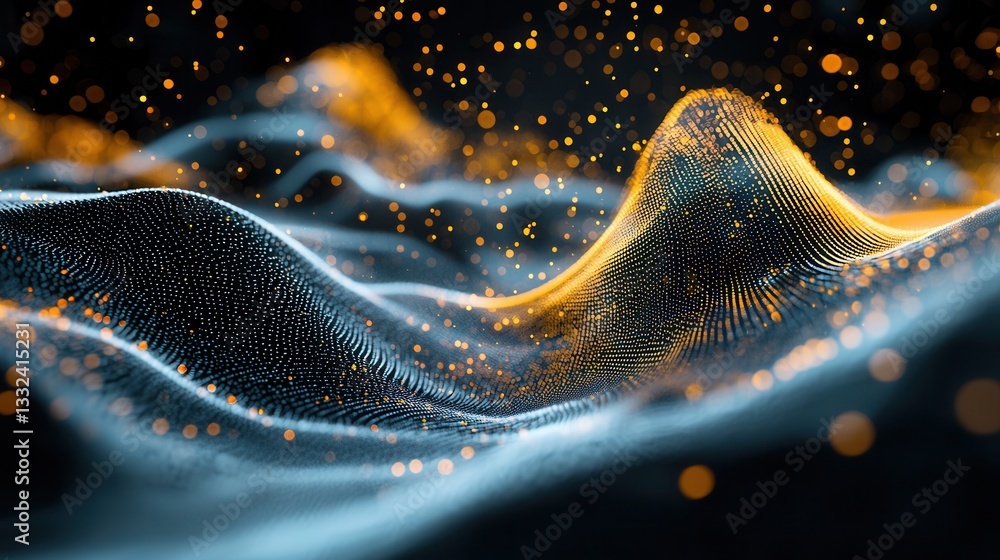 Poster a mesmerizing digital abstract composition featuring dynamic undulating waves of vibrant neon light 