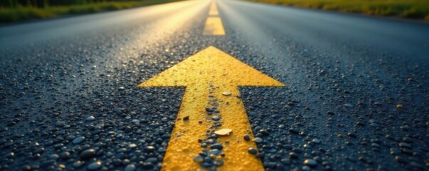 Newly paved road featuring a bright yellow arrow , pavement, sign