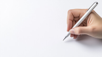 hand holding silver pen poised over blank white sheet, ready to write