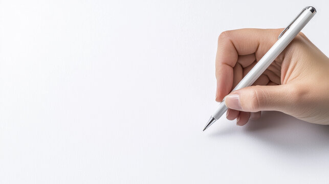 hand holding silver pen poised over blank white sheet, ready to write