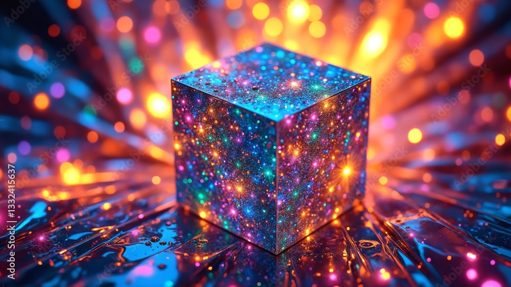 Poster Colorful geometric cube with intricate patterns and reflections on a vibrant background showcasing light effects and dynamic energy in an abstract artistic composition