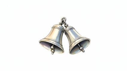 Flat Watercolor painting two silver wedding bells subtle shading white background highlighting romantic union festive vow celebration concept as Pair of silver wedding bells in watercolor style convey
