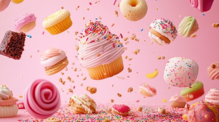 Colorfully decorated desserts falling on pink background with sprinkles and crumbs.