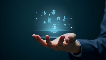 Flat Hand Holding Holographic Scam Alert Device: Protect Against Online Threats & Malware Icons