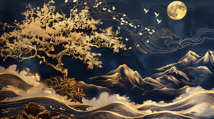 Art mural wallpaper with dark blue background golden tree, mountain, golden waves, golden birds, moon, and clouds